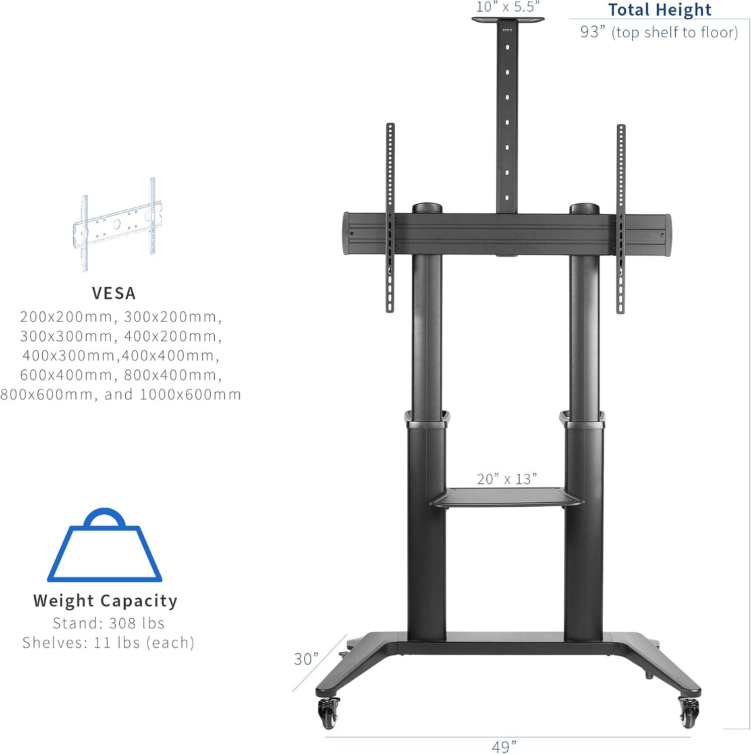 VIVO Premium Aluminum Mobile TV Cart for 32 to 120 inch Screens up to 308 lbs, LCD LED OLED 4K Smart Flat and Curved Panels, Heavy Duty Stand, Shelf, Wheels, Max VESA 1000x600, Black, STAND-TV120B VIVO Premium Aluminum Mobile TV Cart for 32 to 120 inch Screens up to 308 lbs, LCD LED OLED 4K Smart Flat and Curved Panels, Heavy Duty Stand, Shelf, Wheels, Max VESA 1000x600, Black, STAND-TV120B - Image 6