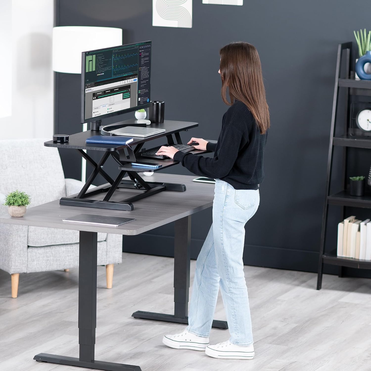 VIVO Black 48 in Standing Desk Converter, DESK-V048KB | Extra Large, Height Adjustable, Stand Up Desk Riser, Keyboard Tray, Dual Monitor & Laptop Workstation, Black Frame, K Series VIVO Black 48 in Standing Desk Converter, DESK-V048KB | Extra Large, Height Adjustable, Stand Up Desk Riser, Keyboard Tray, Dual Monitor & Laptop Workstation, Black Frame, K Series - Image 9