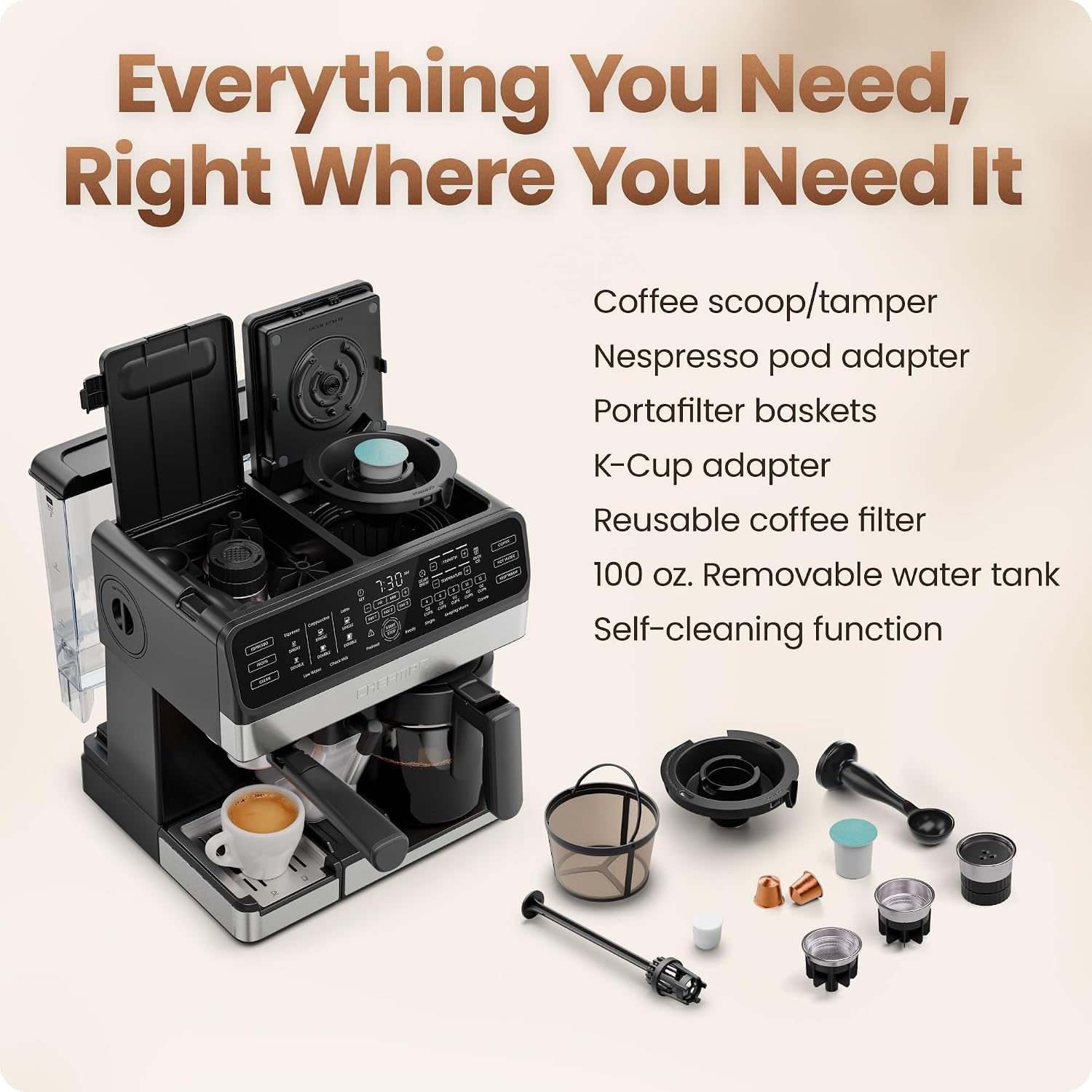 Chefman Coffee Maker Espresso Machine Combo, 8-in-1 Coffee Station with Automatic Milk Frother for Lattes, Cappuccinos, Macchiatos, 20-Bar Pump, 12-Cup Carafe & 3L Water Tank - Black Chefman Coffee Maker Espresso Machine Combo, 8-in-1 Coffee Station with Automatic Milk Frother for Lattes, Cappuccinos, Macchiatos, 20-Bar Pump, 12-Cup Carafe & 3L Water Tank - Black - Image 8