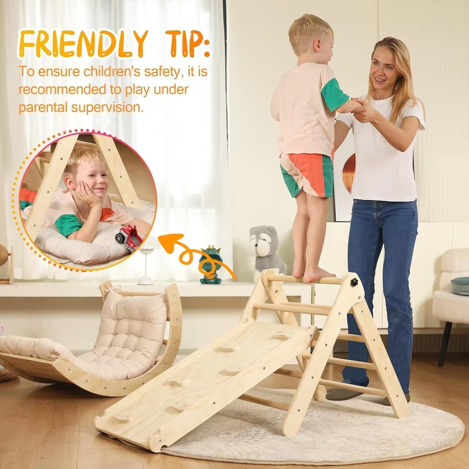 Pikler Triangle Set with Cushion, 7 in 1 Toddler Climbing Toys Indoor | Foldable Space-saving Design, Montessori-inspired Learning, Reversible Slide & Ramp, ASTM F963 Standards for Toddlers 18M-5Y Pikler Triangle Set with Cushion, 7 in 1 Toddler Climbing Toys Indoor | Foldable Space-saving Design, Montessori-inspired Learning, Reversible Slide & Ramp, ASTM F963 Standards for Toddlers 18M-5Y - Image 5