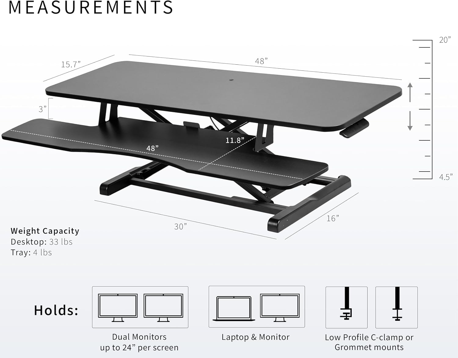 VIVO Black 48 in Standing Desk Converter, DESK-V048KB | Extra Large, Height Adjustable, Stand Up Desk Riser, Keyboard Tray, Dual Monitor & Laptop Workstation, Black Frame, K Series VIVO Black 48 in Standing Desk Converter, DESK-V048KB | Extra Large, Height Adjustable, Stand Up Desk Riser, Keyboard Tray, Dual Monitor & Laptop Workstation, Black Frame, K Series - Image 3