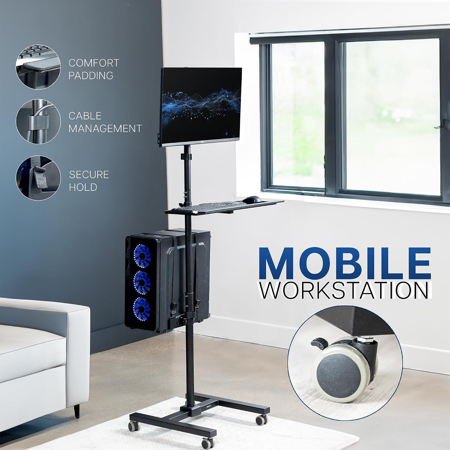 VIVO Black Mobile Computer Cart with Monitor Mount, CART-PC02T | Fits up to 32 inch Screens, Rolling PC Desk Workstation, Full Keyboard Tray, Adjustable CPU Holder VIVO Black Mobile Computer Cart with Monitor Mount, CART-PC02T | Fits up to 32 inch Screens, Rolling PC Desk Workstation, Full Keyboard Tray, Adjustable CPU Holder - Image 2