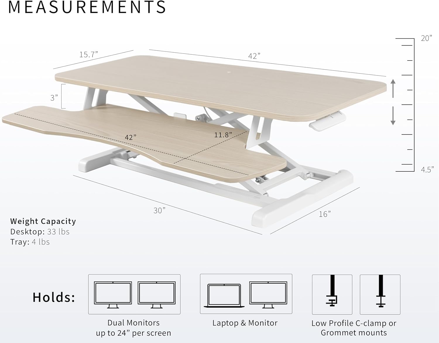 VIVO Light Wood 42 inch Standing Desk Converter, DESK-V042KF | Large, Height Adjustable, Stand Up Desk Riser, Wide Keyboard Tray, Dual Monitor and Laptop Workstation, White Frame, K Series VIVO Light Wood 42 inch Standing Desk Converter, DESK-V042KF | Large, Height Adjustable, Stand Up Desk Riser, Wide Keyboard Tray, Dual Monitor and Laptop Workstation, White Frame, K Series - Image 3