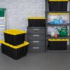 Sterilite Industrial Storage Tote with Lids for Garage, 27 Gallon, 4-Pack | Heavy-Duty and Stackable Utility Box Containers for Home, Office, and Basement Organization, Black/Yellow Sterilite Industrial Storage Tote with Lids for Garage, 27 Gallon, 4-Pack | Heavy-Duty and Stackable Utility Box Containers for Home, Office, and Basement Organization, Black/Yellow