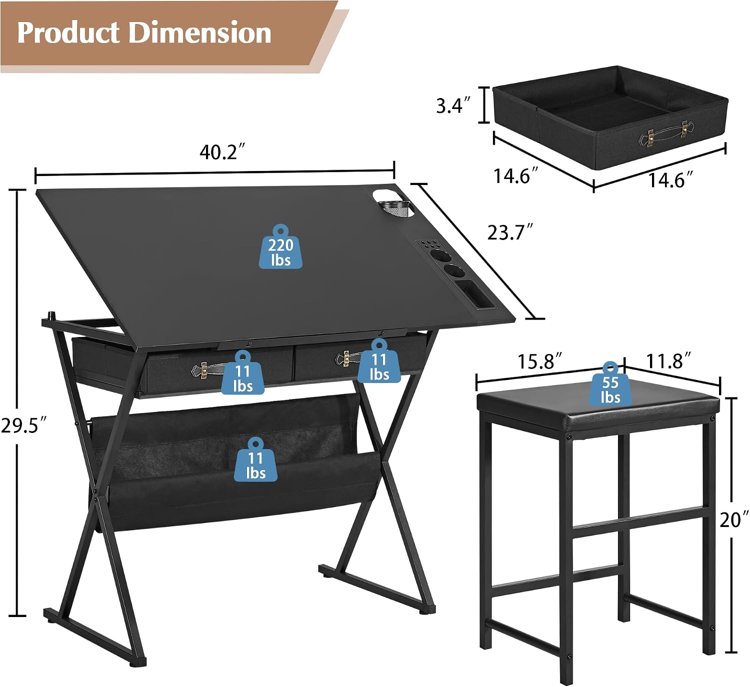 VECELO Drafting Table Art Desk Art Table Adjustable Drawing Table Tilted Tabletop with 2 Storage Drawers and Stool, Drawing Desk for Artist Painters Drawing, Crafting, Reading, Writing, Black VECELO Drafting Table Art Desk Art Table Adjustable Drawing Table Tilted Tabletop with 2 Storage Drawers and Stool, Drawing Desk for Artist Painters Drawing, Crafting, Reading, Writing, Black - Image 3