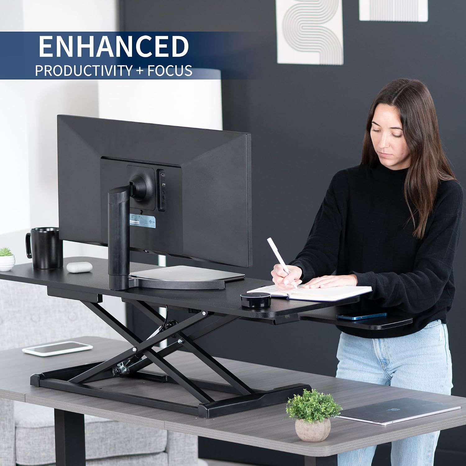 VIVO Black 48 in Standing Desk Converter, DESK-V048KB | Extra Large, Height Adjustable, Stand Up Desk Riser, Keyboard Tray, Dual Monitor & Laptop Workstation, Black Frame, K Series VIVO Black 48 in Standing Desk Converter, DESK-V048KB | Extra Large, Height Adjustable, Stand Up Desk Riser, Keyboard Tray, Dual Monitor & Laptop Workstation, Black Frame, K Series - Image 4