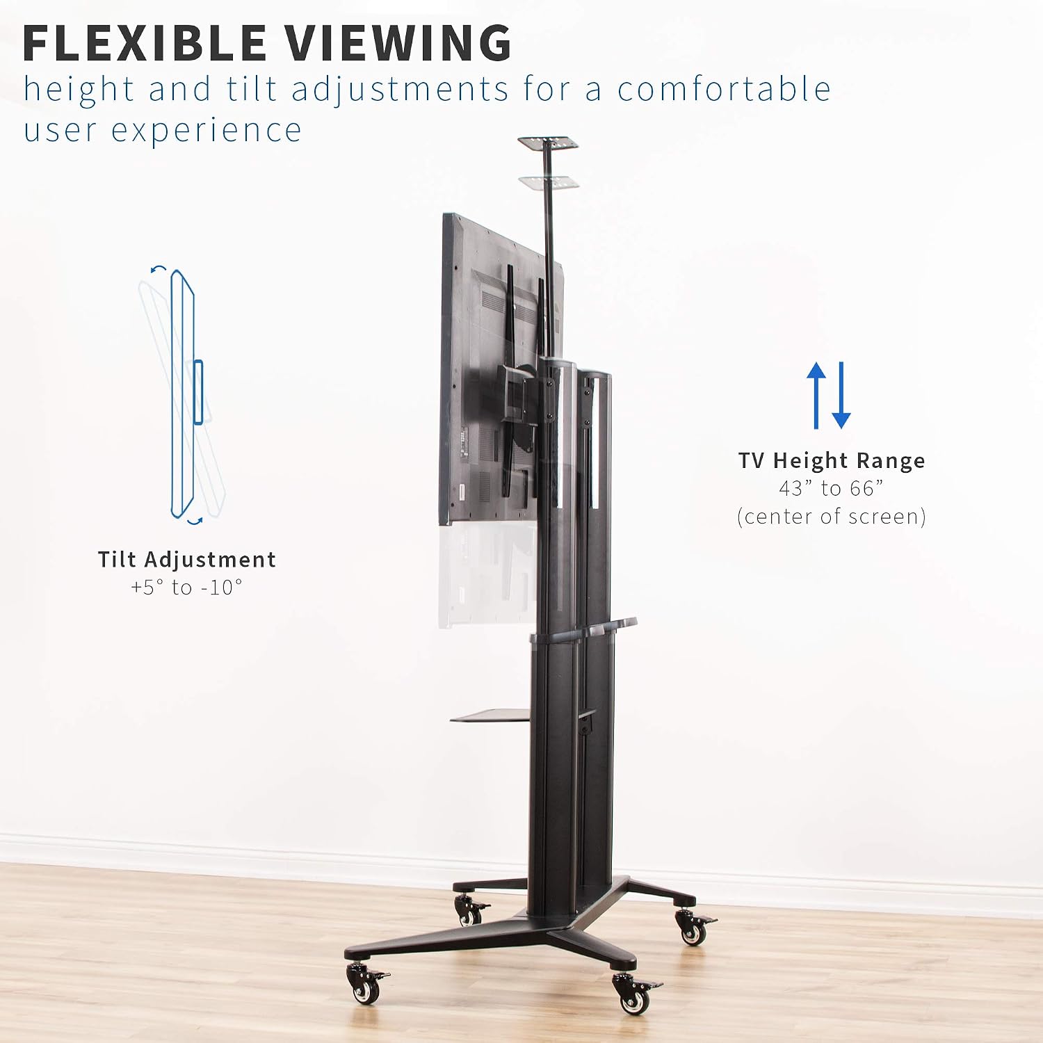 VIVO Premium Aluminum Mobile TV Cart for 32 to 120 inch Screens up to 308 lbs, LCD LED OLED 4K Smart Flat and Curved Panels, Heavy Duty Stand, Shelf, Wheels, Max VESA 1000x600, Black, STAND-TV120B VIVO Premium Aluminum Mobile TV Cart for 32 to 120 inch Screens up to 308 lbs, LCD LED OLED 4K Smart Flat and Curved Panels, Heavy Duty Stand, Shelf, Wheels, Max VESA 1000x600, Black, STAND-TV120B - Image 3