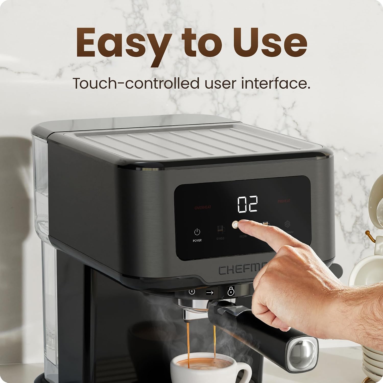 Chefman CraftBrew Espresso Machine, 15-Bar Pump Digital Espresso Maker w/Steam Wand for Latte & Cappuccino, Compact Espresso Coffee Machine w/ 1.5L Removable Water Reservoir - Stainless Black Chefman CraftBrew Espresso Machine, 15-Bar Pump Digital Espresso Maker w/Steam Wand for Latte & Cappuccino, Compact Espresso Coffee Machine w/ 1.5L Removable Water Reservoir - Stainless Black - Image 4