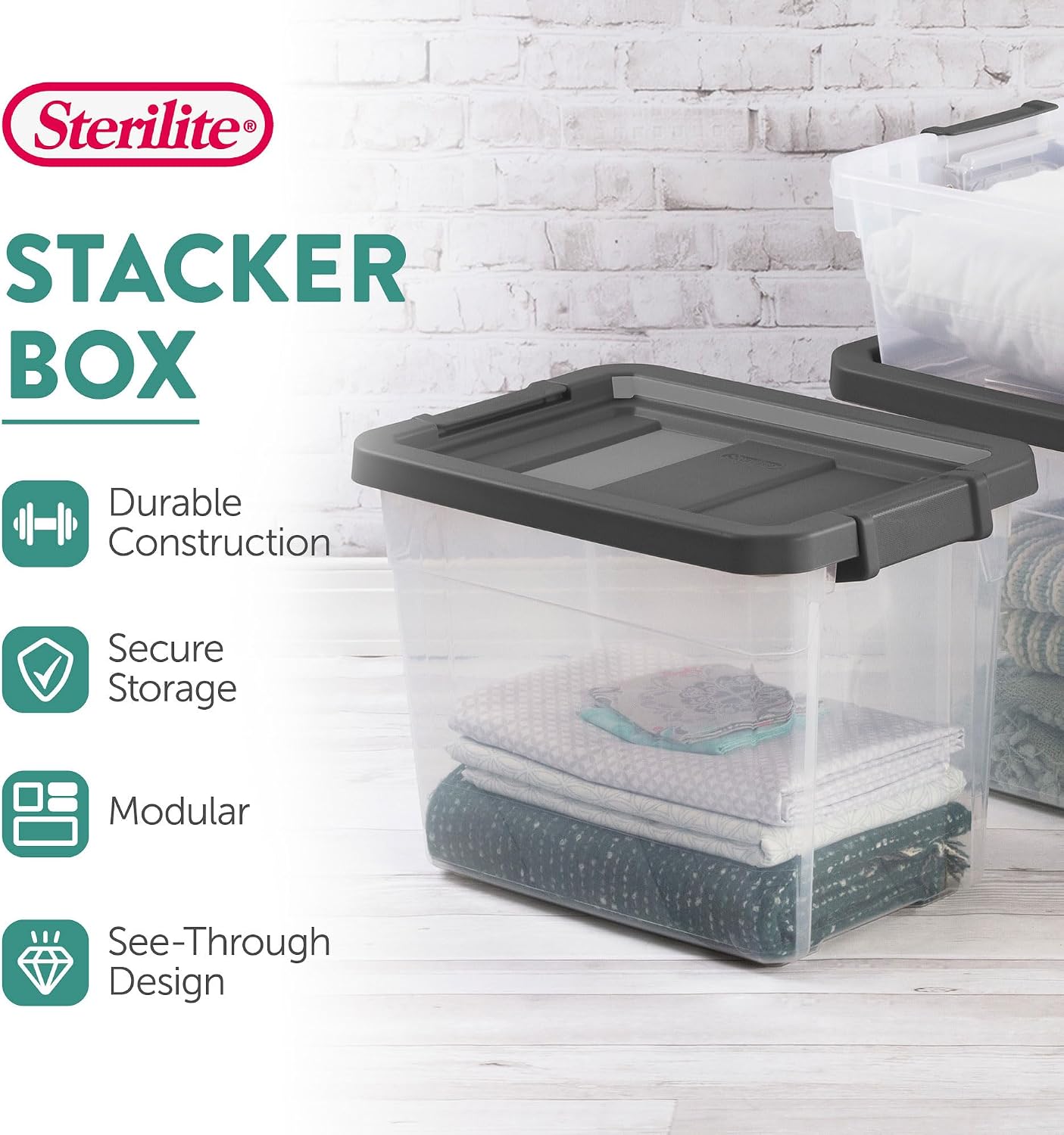 Sterilite Modular Stacker Box with Latching Lid, 30 Quart, 12-Pack | Clear Plastic Storage Bins - Stackable Organizing Container Boxes for Closet, Bathroom, and Office Sterilite Modular Stacker Box with Latching Lid, 30 Quart, 12-Pack | Clear Plastic Storage Bins - Stackable Organizing Container Boxes for Closet, Bathroom, and Office - Image 3