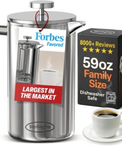 SterlingPro Extra Large Non-Toxic Insulated Stainless Steel French Press Coffee Maker, 1/2 Gallon/ 2L/ 64oz Capacity (59 oz Brew Yield) - Metal XXL Double Wall | Plastic Free | Mirror | 16 Cups/8 Mugs