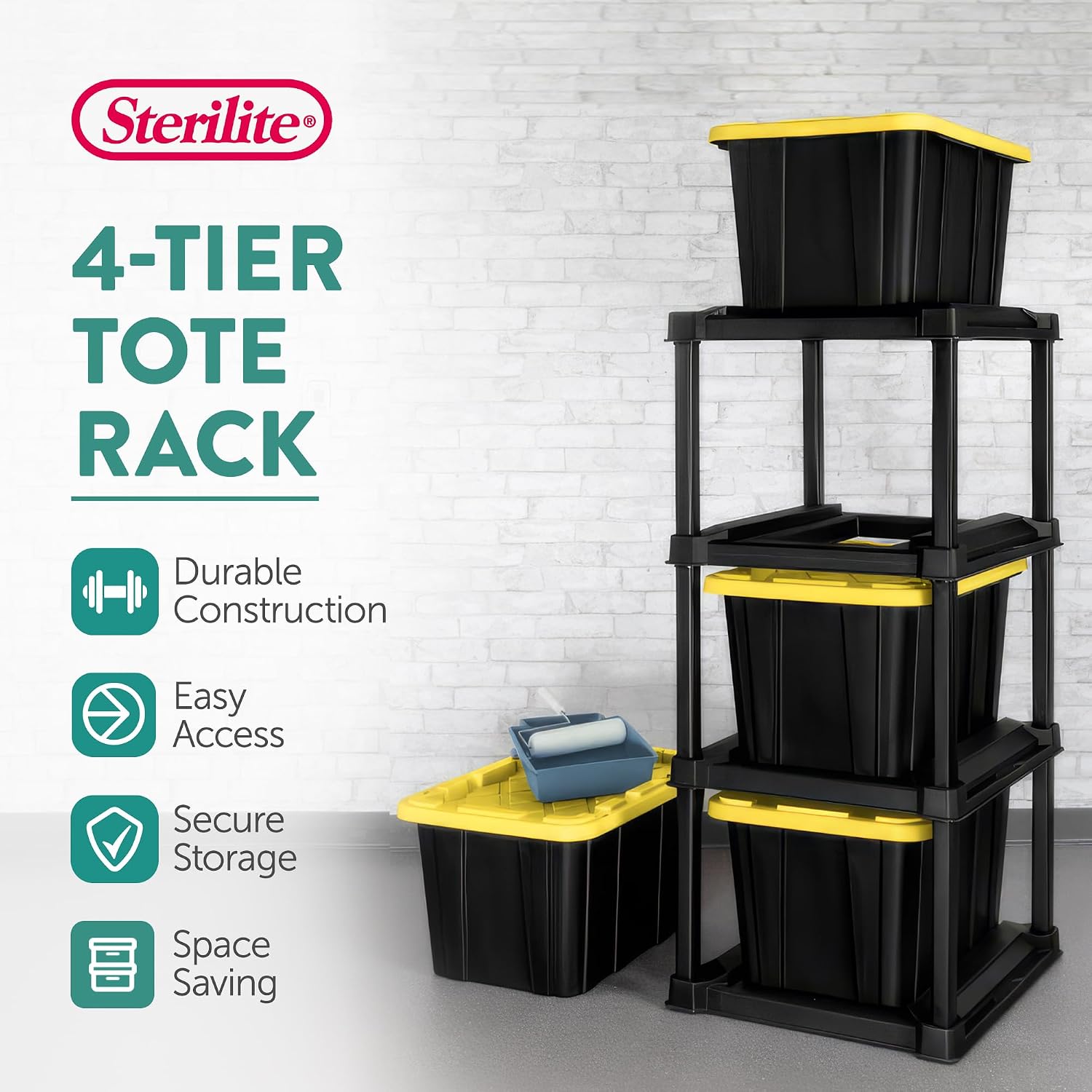 Sterilite 4-Tier Tote Rack with 4-Pack 27 Gallon Industrial Storage Totes | Shelving Unit and Heavy-Duty and Stackable Utility Box Containers for Home, Office, and Basement Organization, Black/Yellow Sterilite 4-Tier Tote Rack with 4-Pack 27 Gallon Industrial Storage Totes | Shelving Unit and Heavy-Duty and Stackable Utility Box Containers for Home, Office, and Basement Organization, Black/Yellow - Image 2