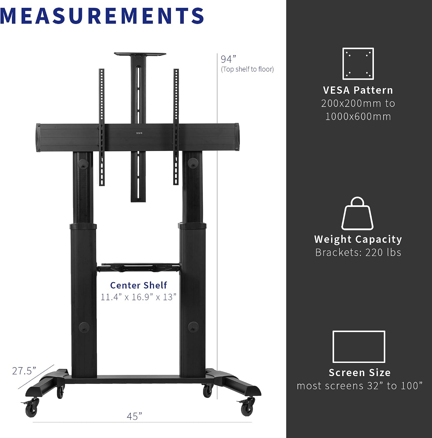 VIVO Aluminum Mobile TV Cart for 32 to 100 inch Screens up to 220 lbs, LCD LED OLED 4K Smart Flat and Curved Panels, Heavy Duty Stand, Shelf, Wheels, Max VESA 1000x600, Black, STAND-TV22B VIVO Aluminum Mobile TV Cart for 32 to 100 inch Screens up to 220 lbs, LCD LED OLED 4K Smart Flat and Curved Panels, Heavy Duty Stand, Shelf, Wheels, Max VESA 1000x600, Black, STAND-TV22B - Image 3