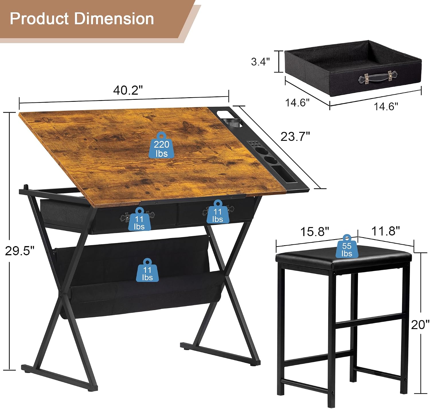 VECELO Drafting Table Art Desk Art Table Adjustable Drawing Table Tilted Tabletop with 2 Storage Drawers and Stool, Drawing Desk for Artist Painters Drawing, Crafting, Reading, Writing, Rustic Brown VECELO Drafting Table Art Desk Art Table Adjustable Drawing Table Tilted Tabletop with 2 Storage Drawers and Stool, Drawing Desk for Artist Painters Drawing, Crafting, Reading, Writing, Rustic Brown - Image 3
