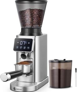 AMZCHEF Burr Coffee Grinder, 48 Settings, Less Static Mess, Metallic Silver | 40mm Burr, Low Retention, 0.5s LED Timer, Stainless Steel Body, Fit 51-54/58 Espresso Portafilter, Cleaning Brush Included