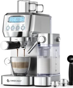 AMZCHEF Espresso Machine, Auto Milk Frother, 20 Bar Pressure, Silver | Home Coffee Maker with 61oz Removable Tank & LCD Display, One-Touch Latte for Beginners, 3-Year Warranty