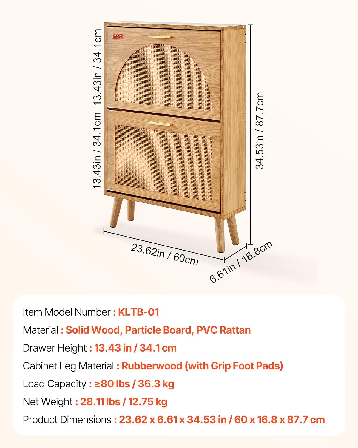 VEVOR Shoe Cabinet with 2 Flip Drawers, Shoe Storage Cabinet for Entryway, Free Standing Shoe Storage Organizer with Rattan Doors for Heels, Boots, Slippers in Hallway, Living Room VEVOR Shoe Cabinet with 2 Flip Drawers, Shoe Storage Cabinet for Entryway, Free Standing Shoe Storage Organizer with Rattan Doors for Heels, Boots, Slippers in Hallway, Living Room - Image 8