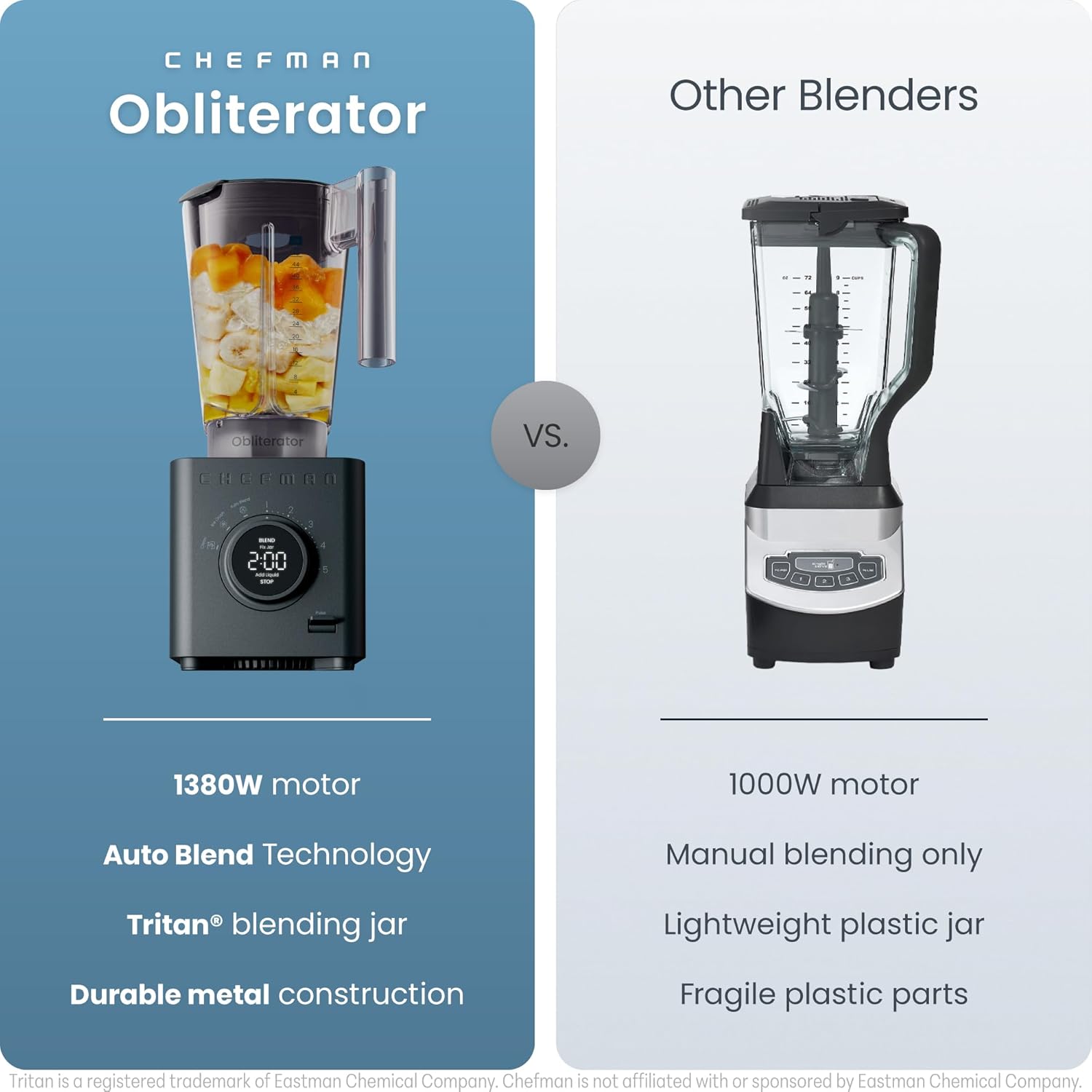 Chefman Obliterator 48 oz Countertop Blender for Smoothies, 1380W Motor to Crush Ice, Nuts, and Frozen Fruit with Stainless Steel Blade, Auto Blend Function, Includes Tamper and Scraper Chefman Obliterator 48 oz Countertop Blender for Smoothies, 1380W Motor to Crush Ice, Nuts, and Frozen Fruit with Stainless Steel Blade, Auto Blend Function, Includes Tamper and Scraper - Image 2