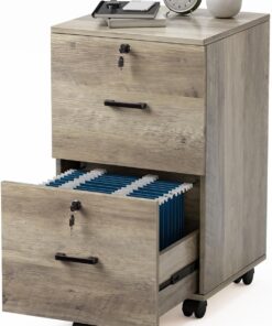 VINGLI 2 Drawer File Cabinet with Lock, Wood Rustic Gray Filing Cabinet for Letter Size File Folders with Tabs, Under Desk Rolling File Cabinets for Home Office, Mobile File Organization Printer Stand