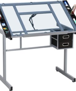 Yaheetech Glass Drafting Table with Storage, Adjustable Art Drawing Desk | Tempered glass top on a steel frame tilts 0-60° for drawing, tracing, or diamond art, plus two fabric drawers and side trays.
