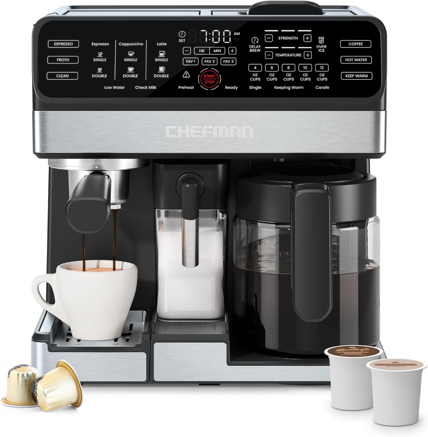 Chefman Coffee Maker Espresso Machine Combo, 8-in-1 Coffee Station with Automatic Milk Frother for Lattes, Cappuccinos, Macchiatos, 20-Bar Pump, 12-Cup Carafe & 3L Water Tank - Black Chefman Coffee Maker Espresso Machine Combo, 8-in-1 Coffee Station with Automatic Milk Frother for Lattes, Cappuccinos, Macchiatos, 20-Bar Pump, 12-Cup Carafe & 3L Water Tank - Black