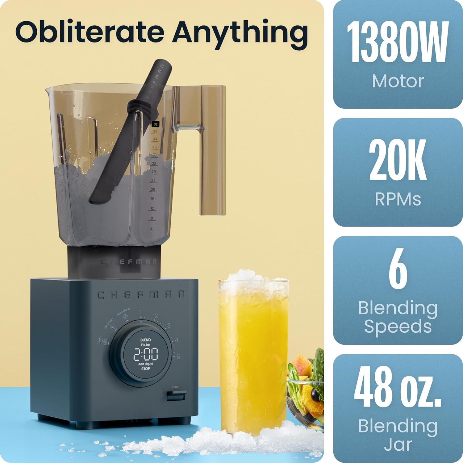 Chefman Obliterator 48 oz Countertop Blender for Smoothies, 1380W Motor to Crush Ice, Nuts, and Frozen Fruit with Stainless Steel Blade, Auto Blend Function, Includes Tamper and Scraper Chefman Obliterator 48 oz Countertop Blender for Smoothies, 1380W Motor to Crush Ice, Nuts, and Frozen Fruit with Stainless Steel Blade, Auto Blend Function, Includes Tamper and Scraper - Image 3
