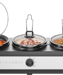 Chefman Triple Slow Cooker & Food Warmer, Three Crock Slowcooker with 2.5 Qt. Ceramic Crocks, 7.5-Quart Total Capacity, PFAS-Free, Three Temperature Settings, Dishwasher-Safe Parts – Stainless Steel