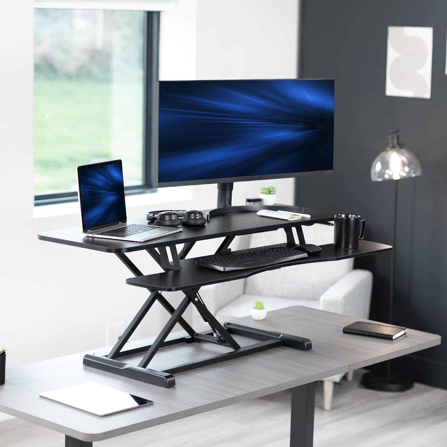 VIVO Black 48 in Standing Desk Converter, DESK-V048KB | Extra Large, Height Adjustable, Stand Up Desk Riser, Keyboard Tray, Dual Monitor & Laptop Workstation, Black Frame, K Series VIVO Black 48 in Standing Desk Converter, DESK-V048KB | Extra Large, Height Adjustable, Stand Up Desk Riser, Keyboard Tray, Dual Monitor & Laptop Workstation, Black Frame, K Series - Image 2