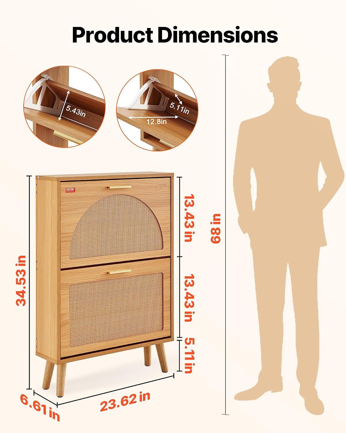 VEVOR Shoe Cabinet with 2 Flip Drawers, Shoe Storage Cabinet for Entryway, Free Standing Shoe Storage Organizer with Rattan Doors for Heels, Boots, Slippers in Hallway, Living Room VEVOR Shoe Cabinet with 2 Flip Drawers, Shoe Storage Cabinet for Entryway, Free Standing Shoe Storage Organizer with Rattan Doors for Heels, Boots, Slippers in Hallway, Living Room - Image 10