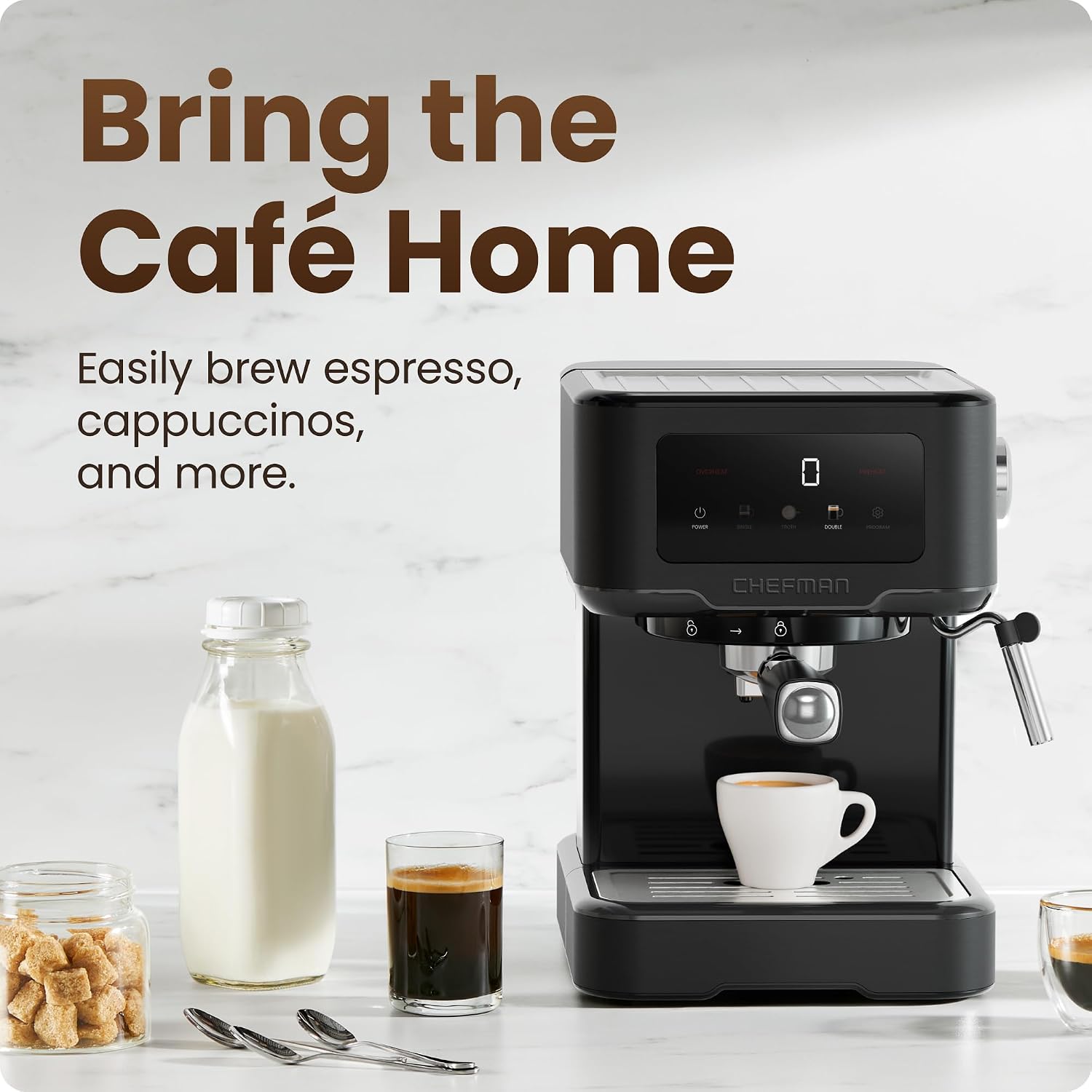 Chefman CraftBrew Espresso Machine, 15-Bar Pump Digital Espresso Maker w/Steam Wand for Latte & Cappuccino, Compact Espresso Coffee Machine w/ 1.5L Removable Water Reservoir - Stainless Black Chefman CraftBrew Espresso Machine, 15-Bar Pump Digital Espresso Maker w/Steam Wand for Latte & Cappuccino, Compact Espresso Coffee Machine w/ 1.5L Removable Water Reservoir - Stainless Black - Image 2
