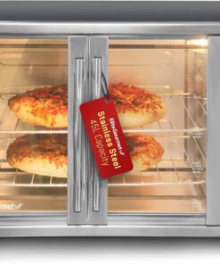 Elite Gourmet ETO4510MX French Door Convection Oven 47.5Qt, Stainless Steel | 18-Slice capacity, 4-Control Knobs for Bake/Broil/Toast/Rotisserie/Keep Warm, includes 2 x 14" Pizza Racks