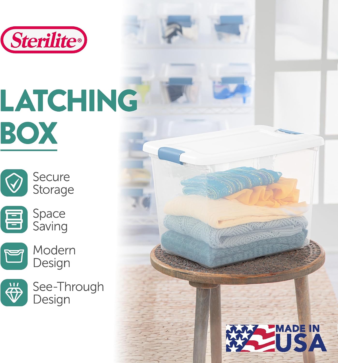 Sterilite Latching Box with Lids for Home and Office, 25 Quart, 24-Pack | Heavy-Duty and Stackable Plastic Containers with Latches for Closet, Cabinet, Bedroom, Bathroom and Dorm Room Organization Sterilite Latching Box with Lids for Home and Office, 25 Quart, 24-Pack | Heavy-Duty and Stackable Plastic Containers with Latches for Closet, Cabinet, Bedroom, Bathroom and Dorm Room Organization - Image 3
