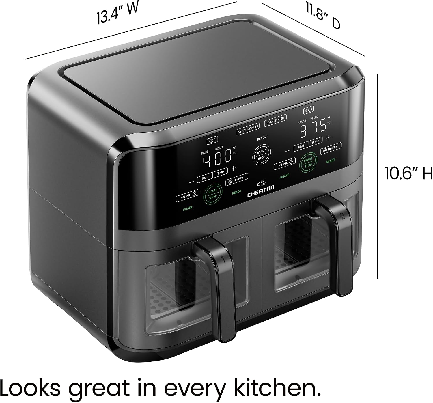 CHEFMAN 6 Quart Dual Basket Air Fryer Oven with Easy View Windows, Sync Finish, Hi-Fry, Auto Shutoff, 2 Independent 3Qt Nonstick Dishwasher Safe Frying Baskets, Digital Double Air Fryer - Black CHEFMAN 6 Quart Dual Basket Air Fryer Oven with Easy View Windows, Sync Finish, Hi-Fry, Auto Shutoff, 2 Independent 3Qt Nonstick Dishwasher Safe Frying Baskets, Digital Double Air Fryer - Black - Image 7