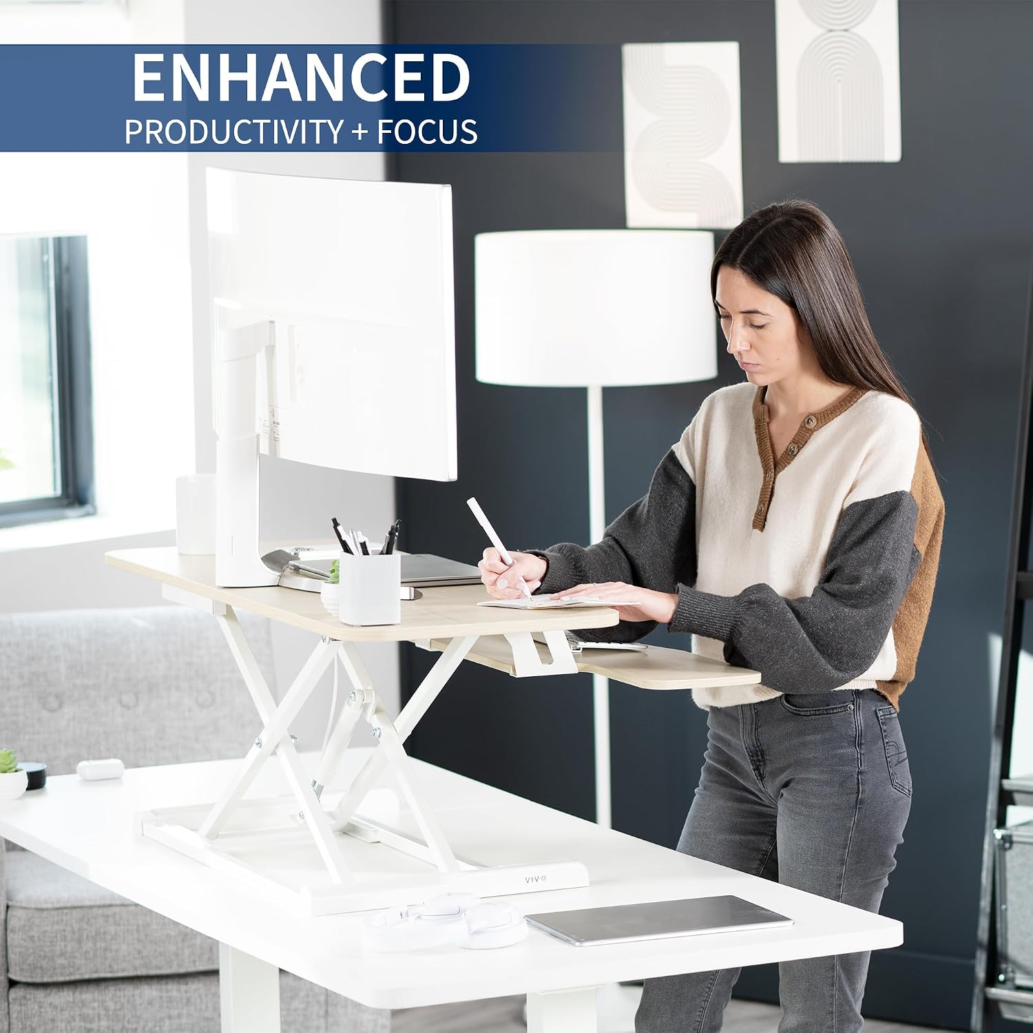 VIVO Light Wood 42 inch Standing Desk Converter, DESK-V042KF | Large, Height Adjustable, Stand Up Desk Riser, Wide Keyboard Tray, Dual Monitor and Laptop Workstation, White Frame, K Series VIVO Light Wood 42 inch Standing Desk Converter, DESK-V042KF | Large, Height Adjustable, Stand Up Desk Riser, Wide Keyboard Tray, Dual Monitor and Laptop Workstation, White Frame, K Series - Image 4