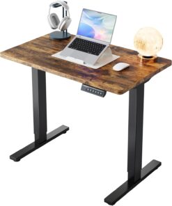 HUANUO 32x19 Inch Small Electric Standing Desk, Adjustable, Rustic Brown | 176 Lbs Capacity, Rounded Corners, Wheel-Ready Feet, Compact Desktop, Apartment Workspace, 28.3–46.5 Inch Height Range