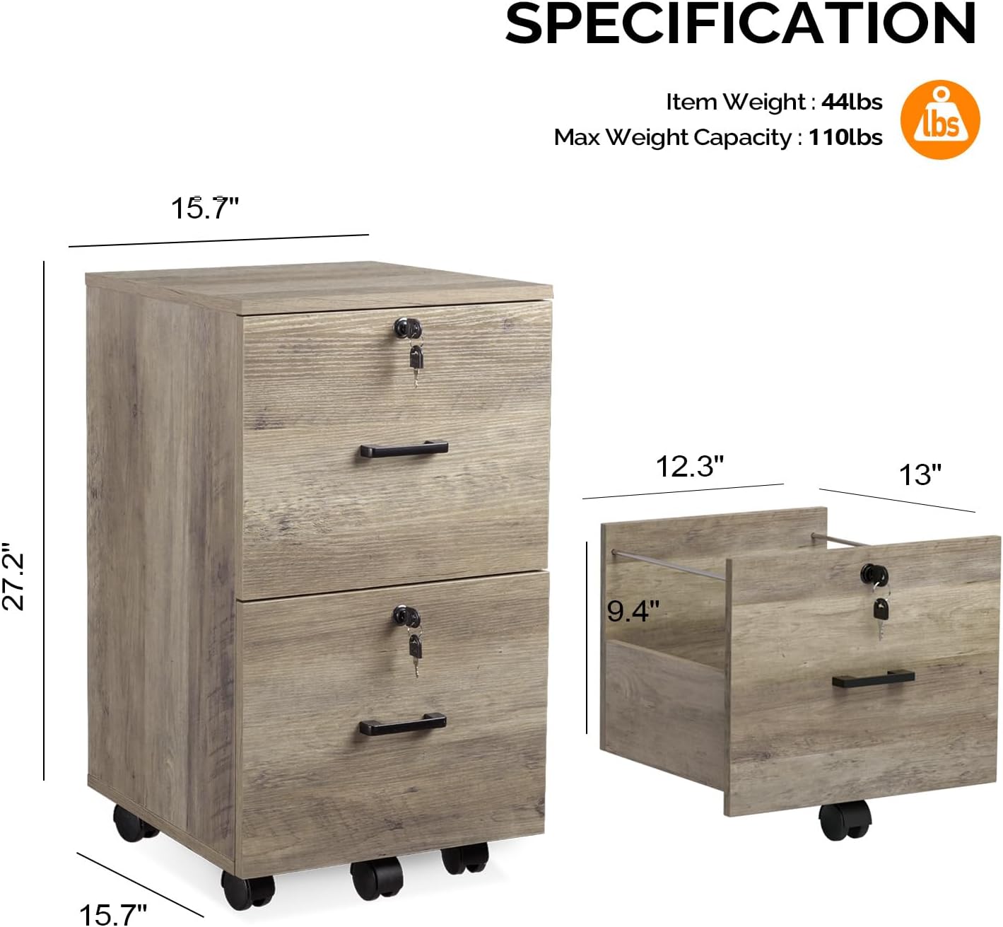 VINGLI 2 Drawer File Cabinet with Lock, Wood Rustic Gray Filing Cabinet for Letter Size File Folders with Tabs, Under Desk Rolling File Cabinets for Home Office, Mobile File Organization Printer Stand VINGLI 2 Drawer File Cabinet with Lock, Wood Rustic Gray Filing Cabinet for Letter Size File Folders with Tabs, Under Desk Rolling File Cabinets for Home Office, Mobile File Organization Printer Stand - Image 3