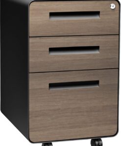 Laura Davidson Furniture Stockpile 3 Drawer File Cabinet with Lock - Under Office Desk Metal Filing Cabinet, Legal/Letter File Folders, Wheels and Stationary Feet, Pre-Assembled, Black/Wood