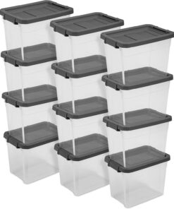 Sterilite Modular Stacker Box with Latching Lid, 30 Quart, 12-Pack | Clear Plastic Storage Bins - Stackable Organizing Container Boxes for Closet, Bathroom, and Office