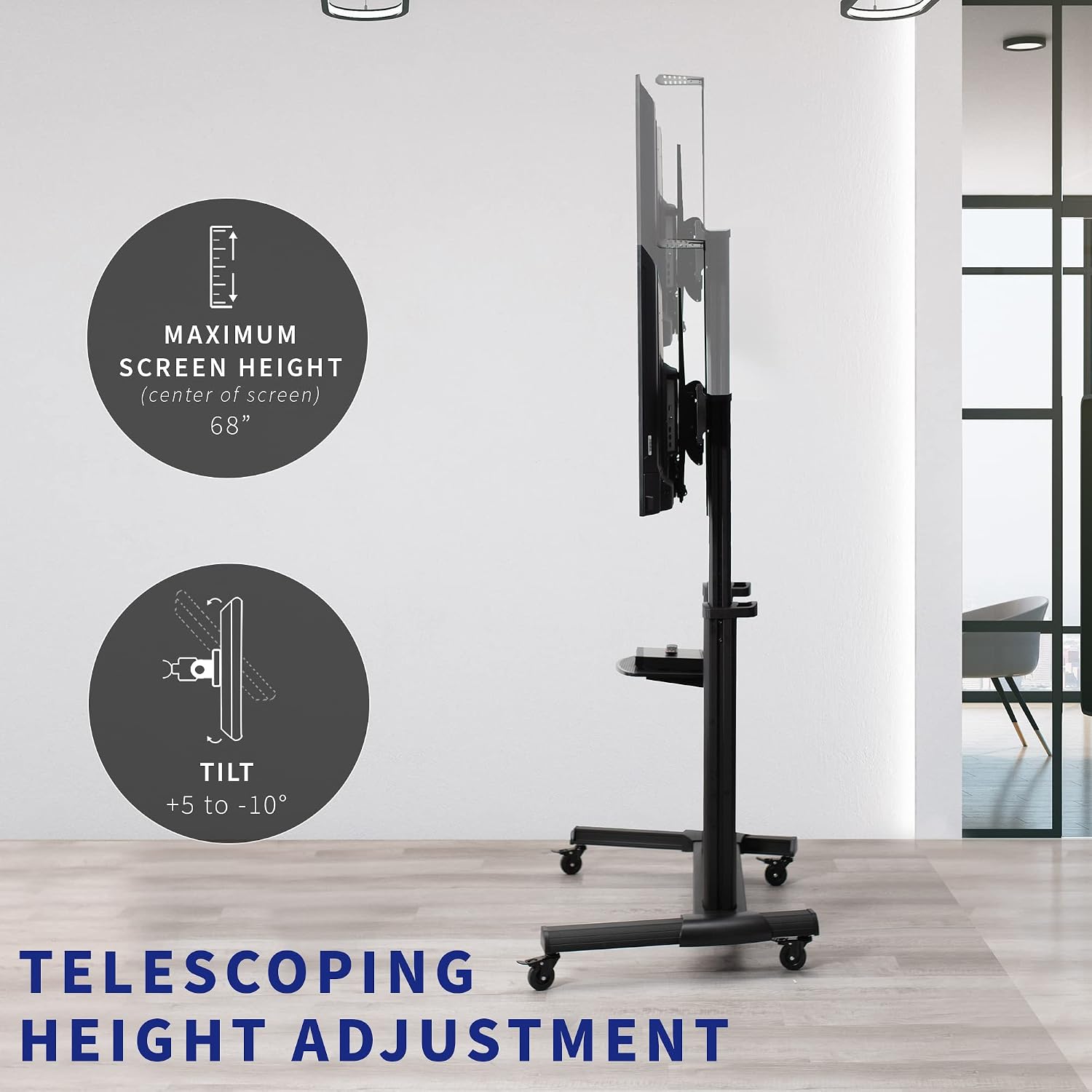 VIVO Aluminum Mobile TV Cart for 32 to 100 inch Screens up to 220 lbs, LCD LED OLED 4K Smart Flat and Curved Panels, Heavy Duty Stand, Shelf, Wheels, Max VESA 1000x600, Black, STAND-TV22B VIVO Aluminum Mobile TV Cart for 32 to 100 inch Screens up to 220 lbs, LCD LED OLED 4K Smart Flat and Curved Panels, Heavy Duty Stand, Shelf, Wheels, Max VESA 1000x600, Black, STAND-TV22B - Image 4
