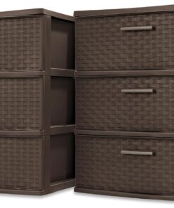 Sterilite Wide 3 Drawer Storage Organizer Tower, Weave - Espresso, 2 Pack | Organizing Plastic Drawers and Containers for Home, Office, Desk, Clothes, Dresser, Kitchen, and Pantry