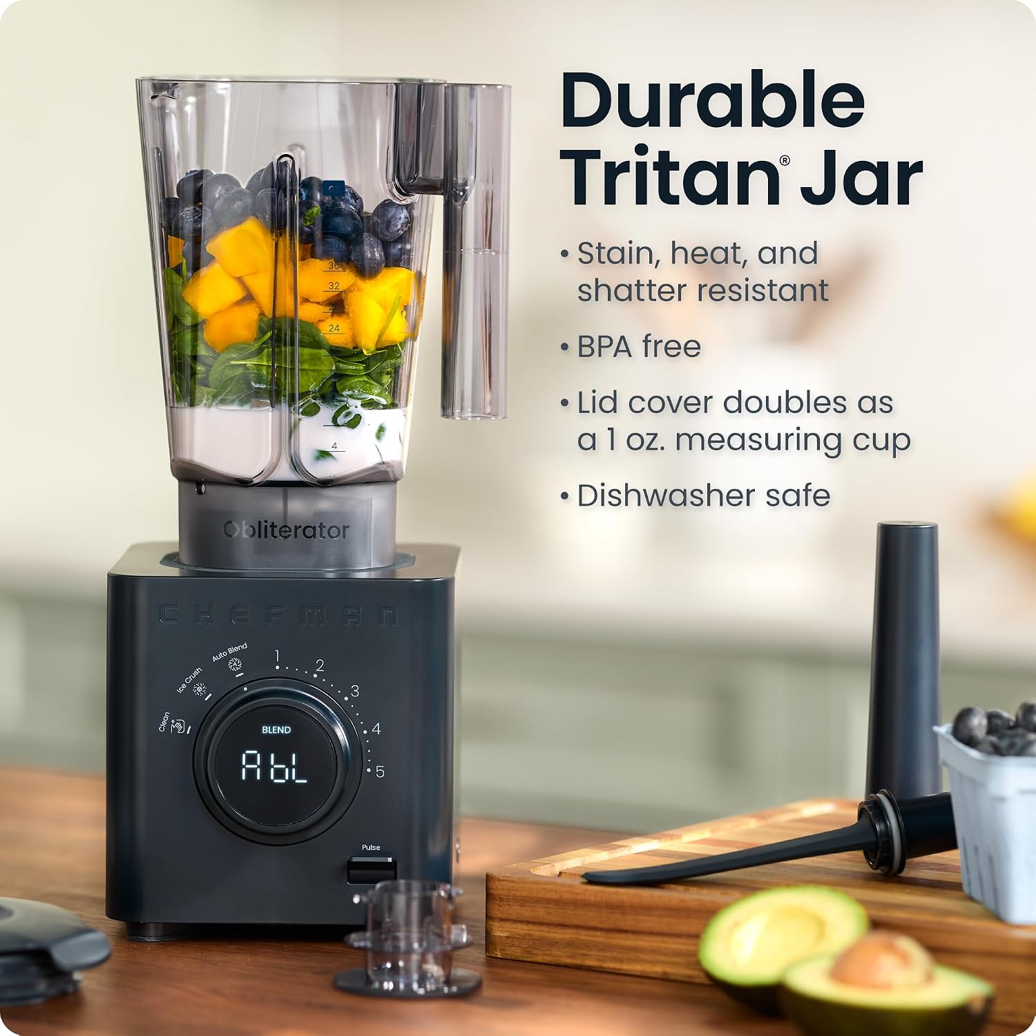 Chefman Obliterator 48 oz Countertop Blender for Smoothies, 1380W Motor to Crush Ice, Nuts, and Frozen Fruit with Stainless Steel Blade, Auto Blend Function, Includes Tamper and Scraper Chefman Obliterator 48 oz Countertop Blender for Smoothies, 1380W Motor to Crush Ice, Nuts, and Frozen Fruit with Stainless Steel Blade, Auto Blend Function, Includes Tamper and Scraper - Image 5