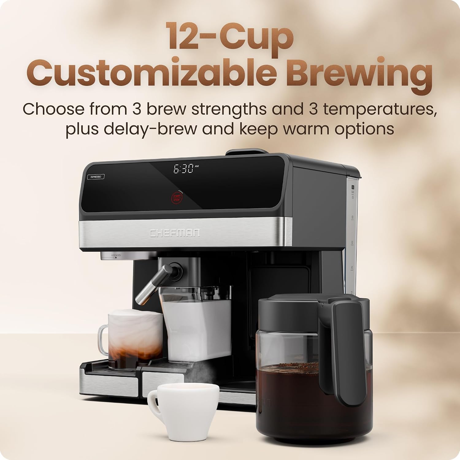 Chefman Coffee Maker Espresso Machine Combo, 8-in-1 Coffee Station with Automatic Milk Frother for Lattes, Cappuccinos, Macchiatos, 20-Bar Pump, 12-Cup Carafe & 3L Water Tank - Black Chefman Coffee Maker Espresso Machine Combo, 8-in-1 Coffee Station with Automatic Milk Frother for Lattes, Cappuccinos, Macchiatos, 20-Bar Pump, 12-Cup Carafe & 3L Water Tank - Black - Image 6