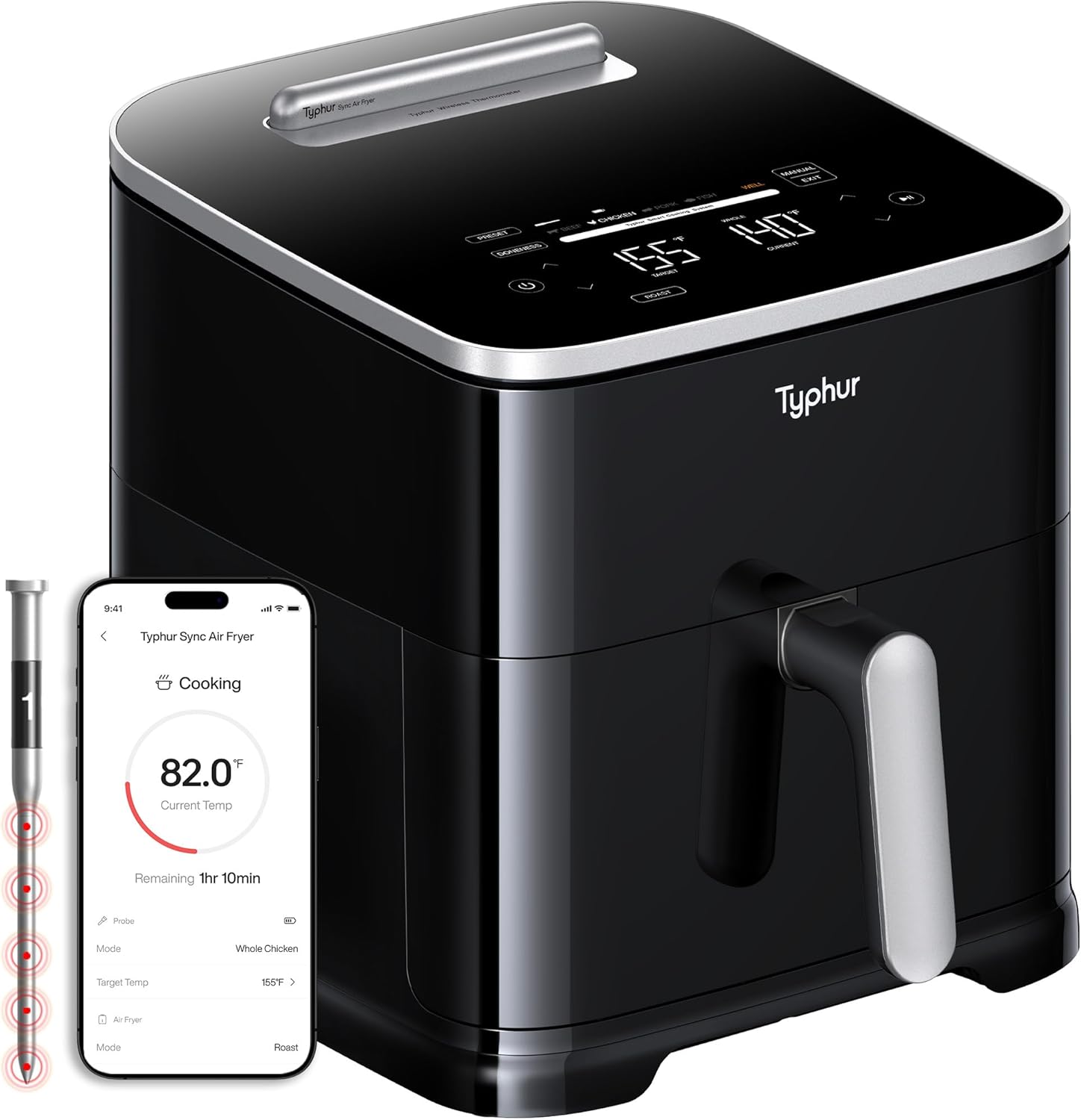 Typhur Sync 8QT AI Smart Air Fryer with Built-in Wireless Meat Thermometer | 9-in-1 XL Non Toxic Airfryer | PFAS-Free Ceramic Basket | 450°F Max | Fits 6lb Whole Chicken | Quiet & Dishwasher Safe | 120V Typhur Sync 8QT AI Smart Air Fryer with Built-in Wireless Meat Thermometer | 9-in-1 XL Non Toxic Airfryer | PFAS-Free Ceramic Basket | 450°F Max | Fits 6lb Whole Chicken | Quiet & Dishwasher Safe | 120V