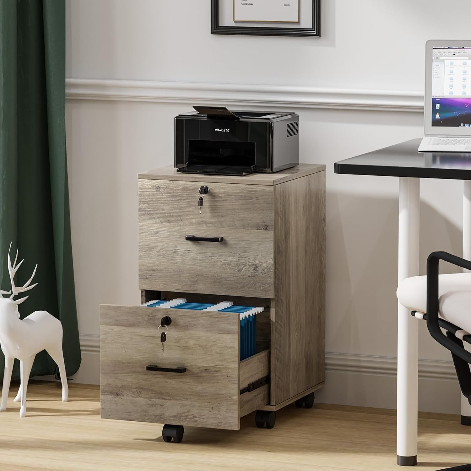 VINGLI 2 Drawer File Cabinet with Lock, Wood Rustic Gray Filing Cabinet for Letter Size File Folders with Tabs, Under Desk Rolling File Cabinets for Home Office, Mobile File Organization Printer Stand VINGLI 2 Drawer File Cabinet with Lock, Wood Rustic Gray Filing Cabinet for Letter Size File Folders with Tabs, Under Desk Rolling File Cabinets for Home Office, Mobile File Organization Printer Stand - Image 7