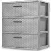 Sterilite Wide 3 Drawer Storage Tower, Weave Pattern, Cement | Organizing Plastic Drawers and Containers for Home, Office, Desk, Clothes, Dresser, Kitchen, and Pantry