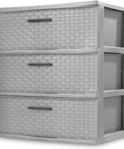 Sterilite Wide 3 Drawer Storage Tower, Weave Pattern, Cement | Organizing Plastic Drawers and Containers for Home, Office, Desk, Clothes, Dresser, Kitchen, and Pantry