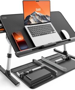 SAIJI Laptop Bed Tray Table - Adjustable Lap Desk for Couch (Dark Black) | Fits 17" Laptop, Work From Home & Dorm Study, with Storage Drawer & PVC Leather