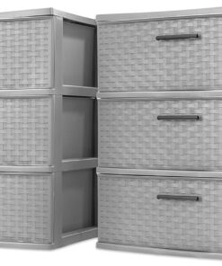 Sterilite Wide 3 Drawer Storage Tower, Weave Pattern, Cement, 2-Pack | Organizing Plastic Drawers and Containers for Home, Office, Desk, Clothes, Dresser, Kitchen, and Pantry
