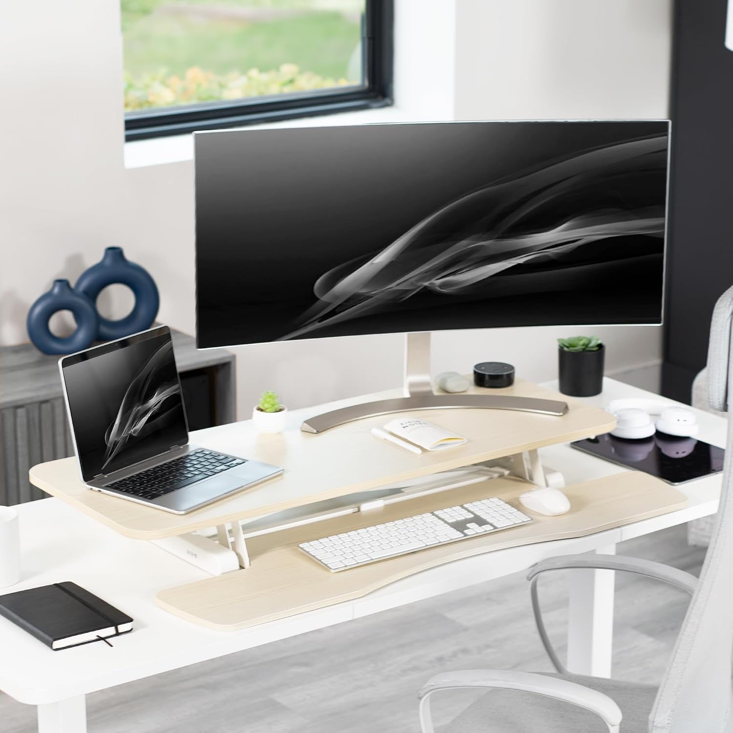 VIVO Light Wood 42 inch Standing Desk Converter, DESK-V042KF | Large, Height Adjustable, Stand Up Desk Riser, Wide Keyboard Tray, Dual Monitor and Laptop Workstation, White Frame, K Series VIVO Light Wood 42 inch Standing Desk Converter, DESK-V042KF | Large, Height Adjustable, Stand Up Desk Riser, Wide Keyboard Tray, Dual Monitor and Laptop Workstation, White Frame, K Series - Image 8