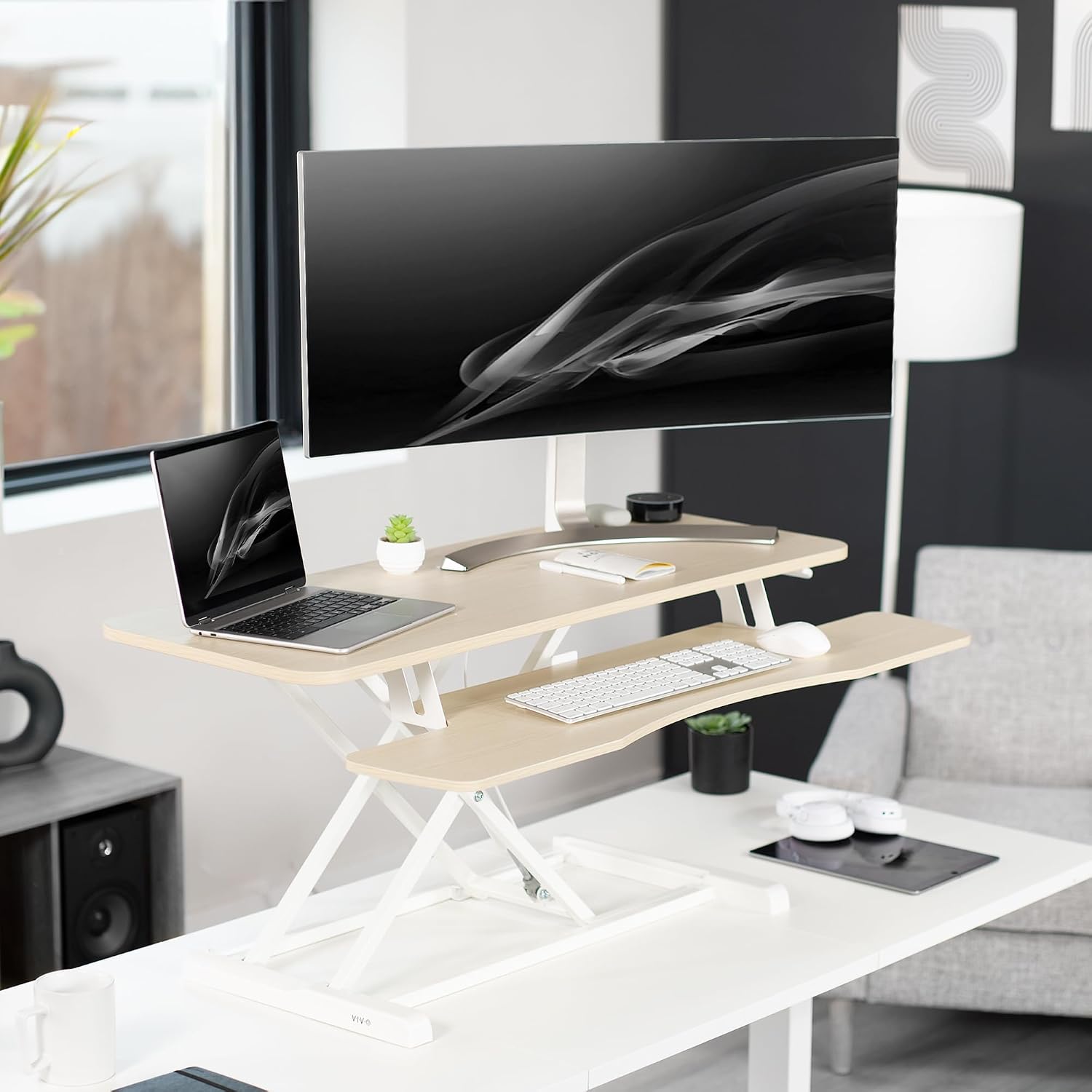 VIVO Light Wood 42 inch Standing Desk Converter, DESK-V042KF | Large, Height Adjustable, Stand Up Desk Riser, Wide Keyboard Tray, Dual Monitor and Laptop Workstation, White Frame, K Series VIVO Light Wood 42 inch Standing Desk Converter, DESK-V042KF | Large, Height Adjustable, Stand Up Desk Riser, Wide Keyboard Tray, Dual Monitor and Laptop Workstation, White Frame, K Series - Image 2
