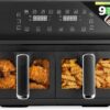 Nutrichef Double Basket Air Fryer 8.8 QT | Family Size Oil Free Airfryer with Transparent Window | 9-1 Preset Cooking Options | 360° Hot Air Circulation Technology | 4.4 QTs per Basket | Black